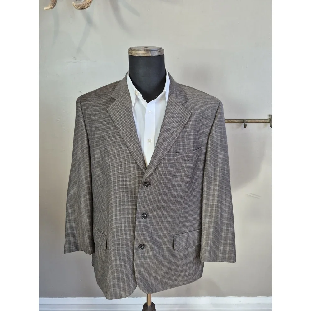 Prima Mens Wool Sports Coat 44R Blue Brown Check Made in Canada 3 Button H806